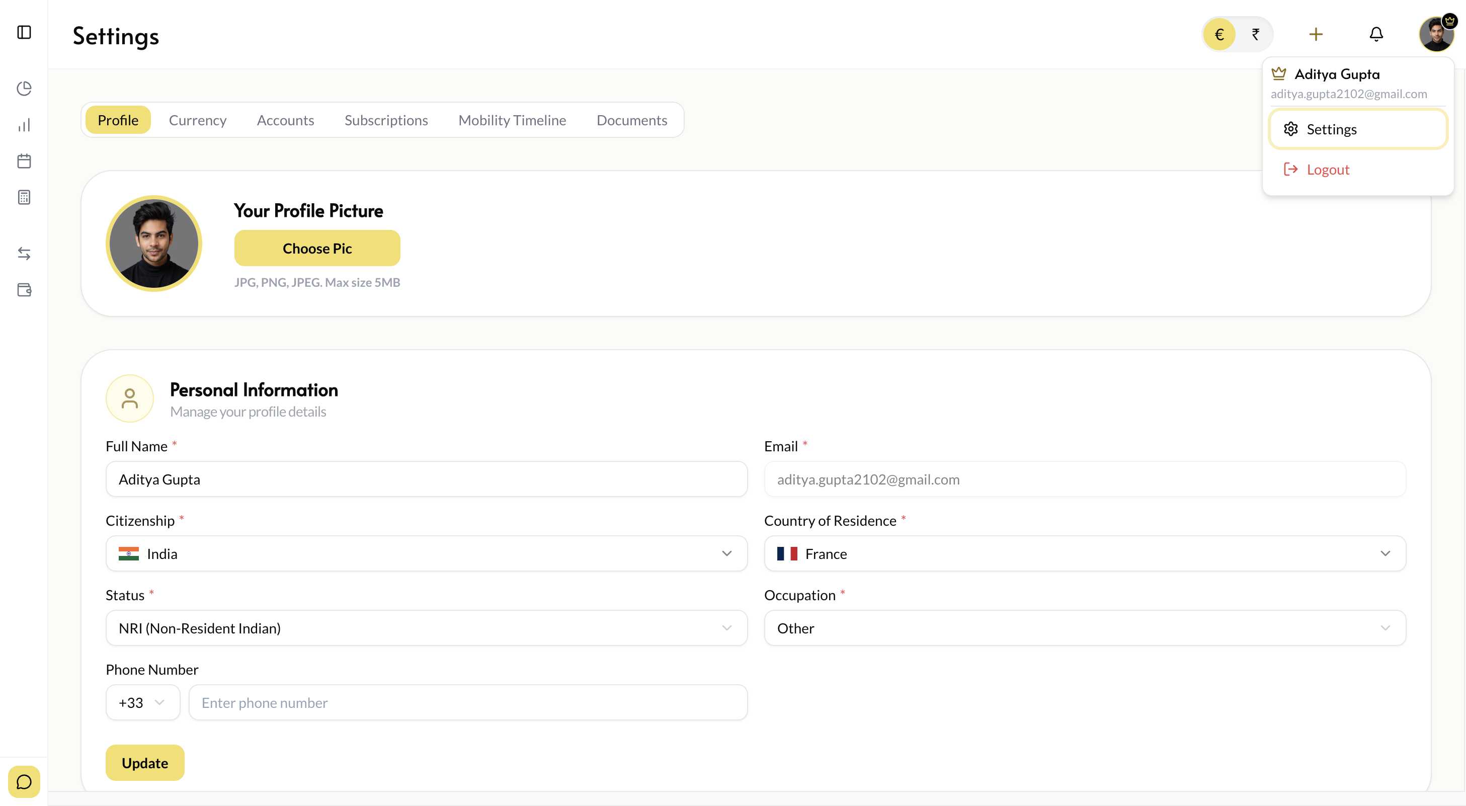 Settings screen with Profile, Currency, Accounts, Subscriptions, Mobility Timeline, and Documents tabs